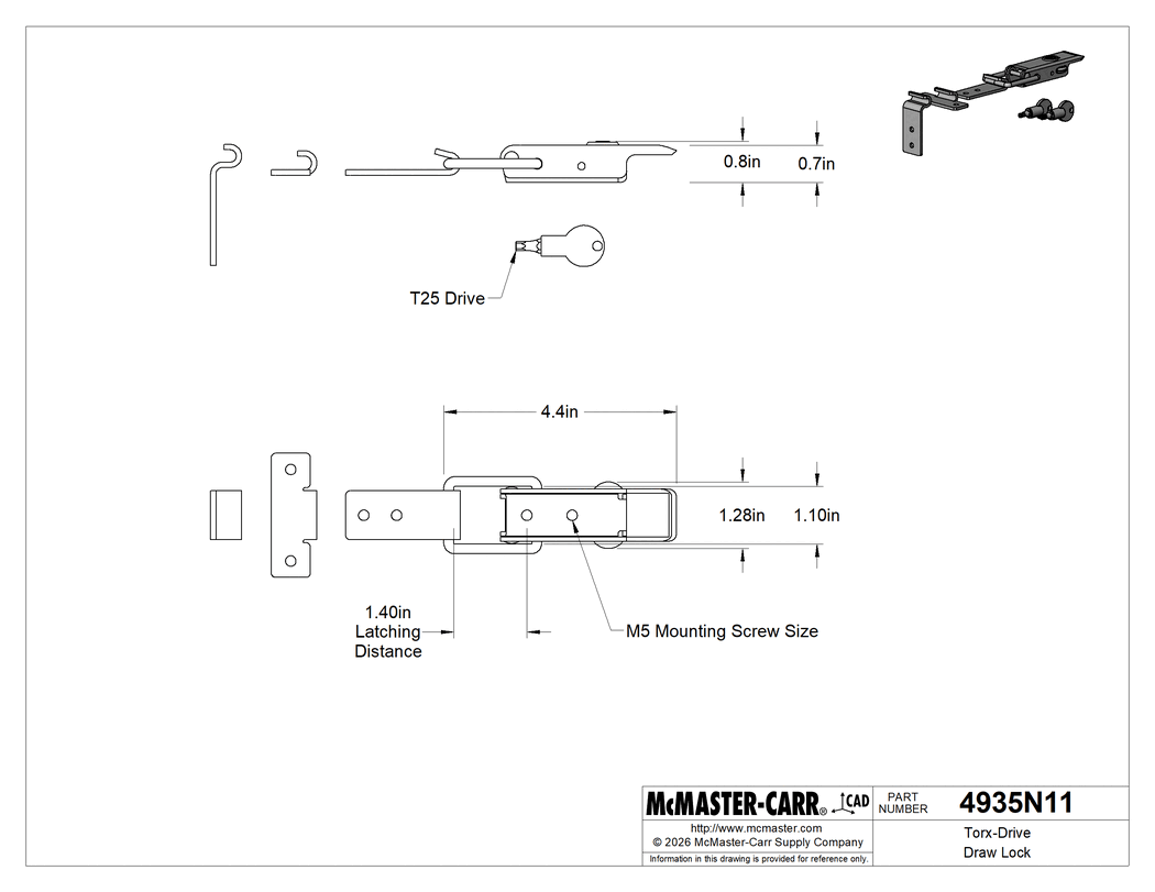 Technical Drawing of Torx-Drive Draw Lock, Zinc-Plated Steel, 1-3/8" Latching Distance.